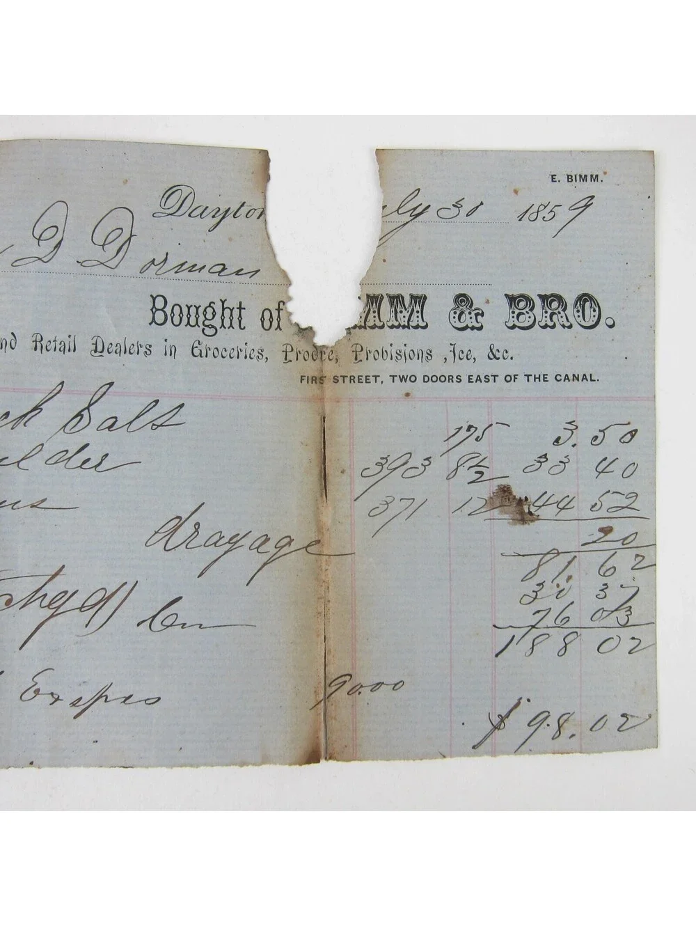 Bimm & Bro Wholesale Groceries Produce & Ice Dayton Ohio Invoice Antique 1859